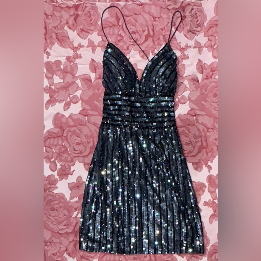 Alyce Paris Black Sequin Prom Dress with Plunge Neckline